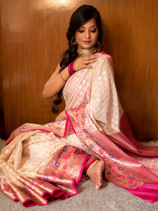 Banarasi Kora Saree With Zari Weaving & Contrast Meena Border-Off White