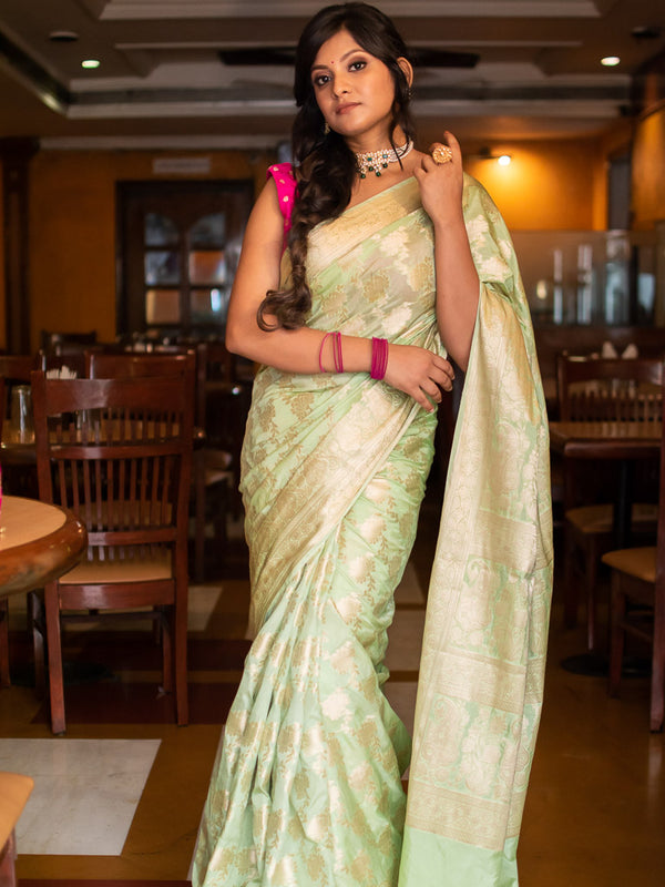 Banarasi Semi Silk Saree With Self Zari Weaving-Pastel Green