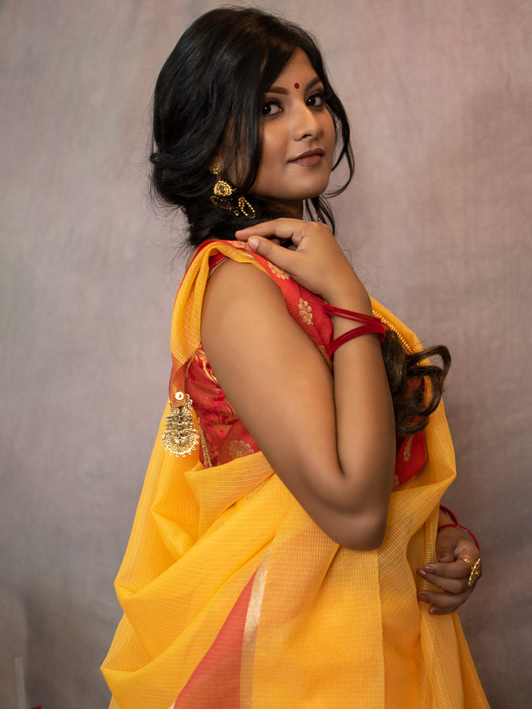 Banarasi Kota Check Plain Saree With Contrast Red Border-Yellow