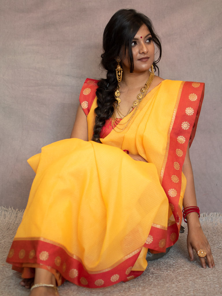 Banarasi Kota Check Plain Saree With Contrast Red Border-Yellow