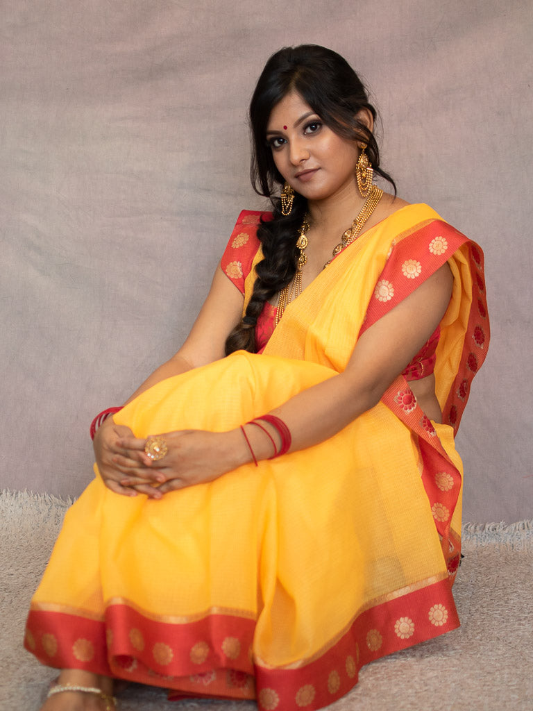 Banarasi Kota Check Plain Saree With Contrast Red Border-Yellow