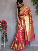 Banarasi Kora Saree With Zari Jalal Weaving- Red