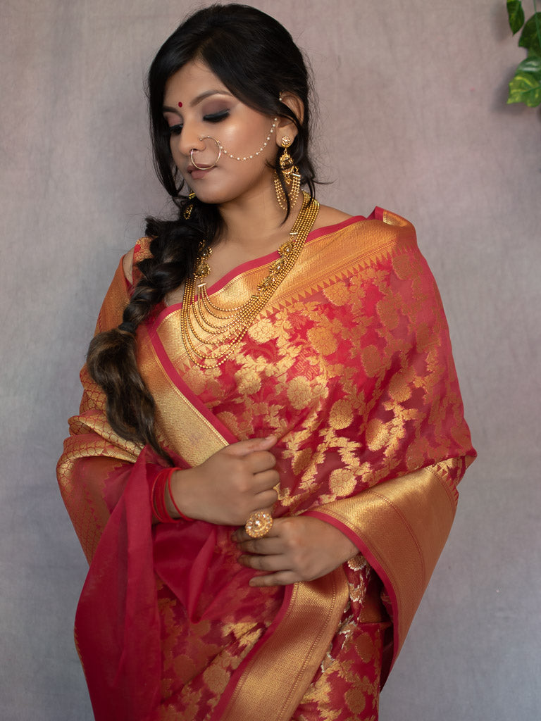 Banarasi Kora Saree With Zari Jalal Weaving- Red