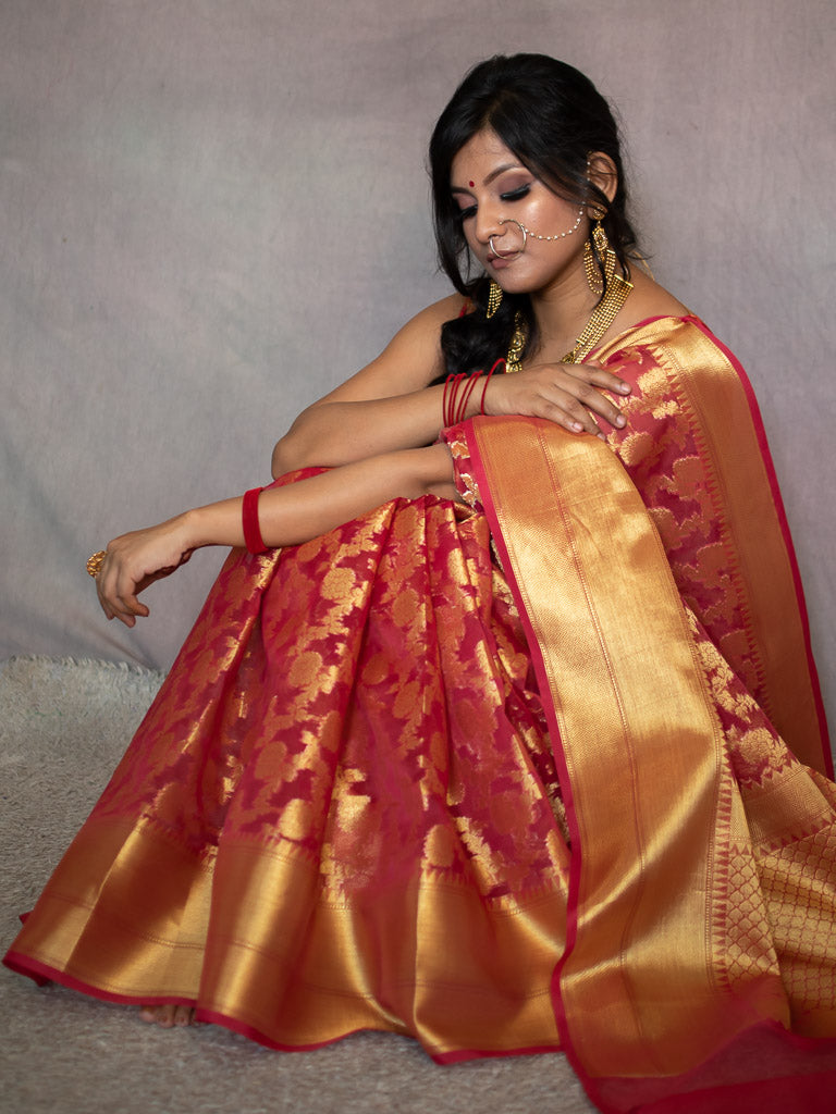 Banarasi Kora Saree With Zari Jalal Weaving- Red