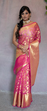 Banarasi Kora Saree With Zari Jalal Weaving-Pink