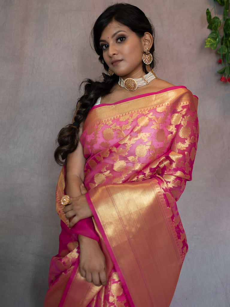 Banarasi Kora Saree With Zari Jalal Weaving-Pink