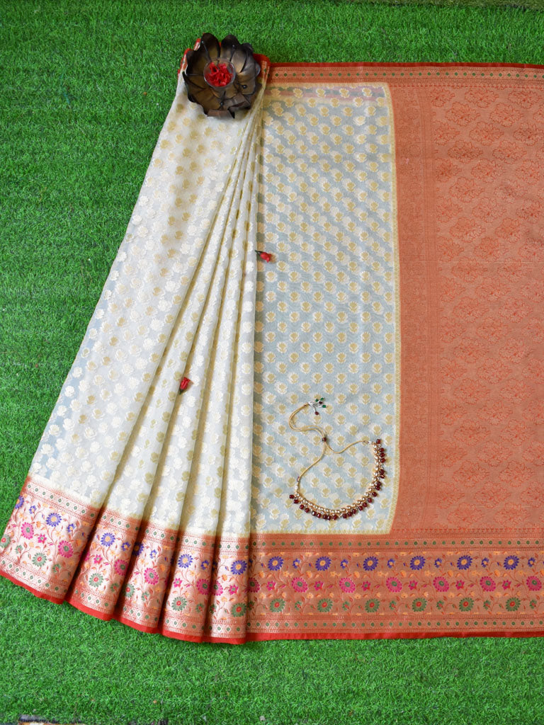 Banarasi Kora Saree With Zari Weaving & Contrast Meena Border-Off White & Red