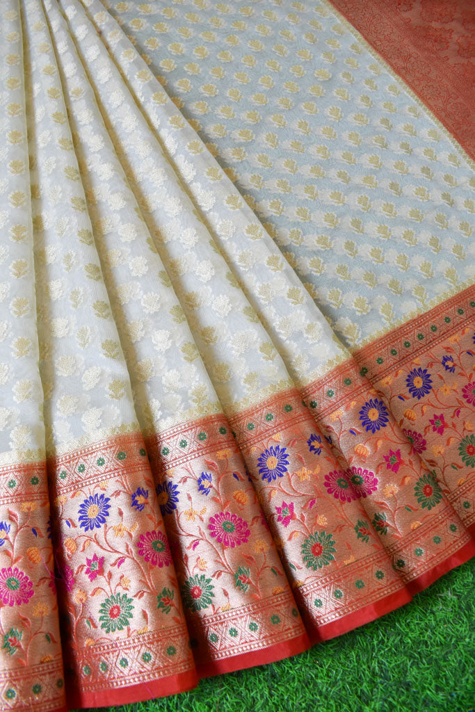 Banarasi Kora Saree With Zari Weaving & Contrast Meena Border-Off White & Red