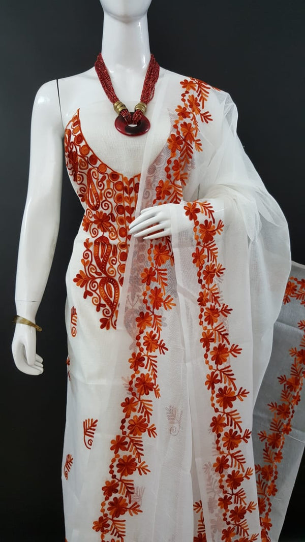 Banarasi Kota Ari Work Salwar Kameez Fabric & Dupatta-White & Orange