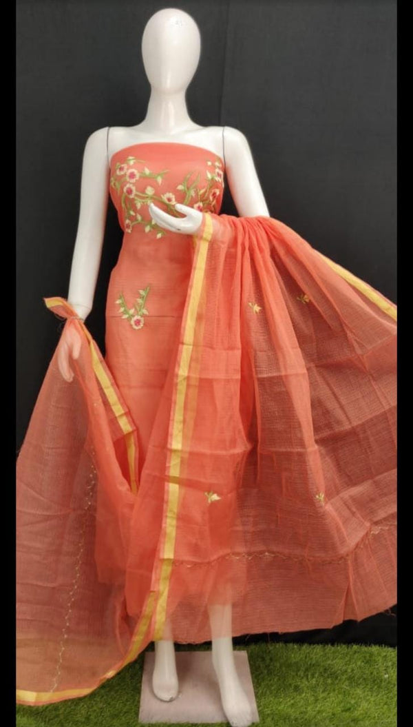 Banarasi Kota Check Multicolored Embroidered Salwar Kameez Fabric & Dupatta-Orange