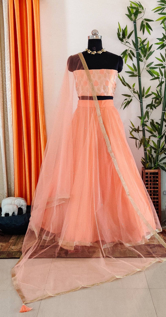 Banarasi Stitched Net Lehenga & Brocade Blouse Fabric With Net Dupatta-Peach
