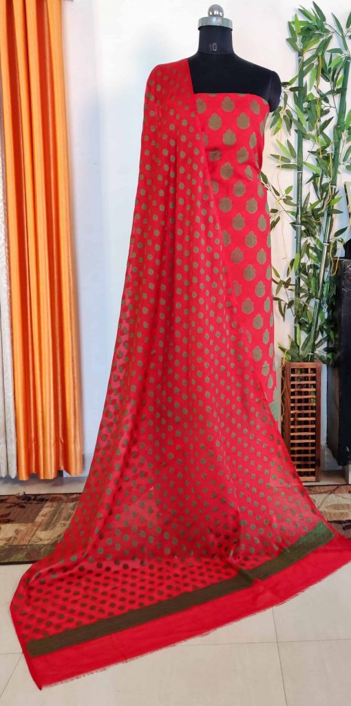 Banarasi Salwar Kameez Soft Cotton Green Resham Buti Fabric With Dupatta-Red