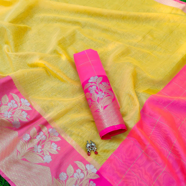 Banarasi Linen Cotton Saree With Contrast Satin Border-Yellow