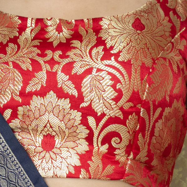 Banarasi Silk Stitched Sleeveless Blouse-Red