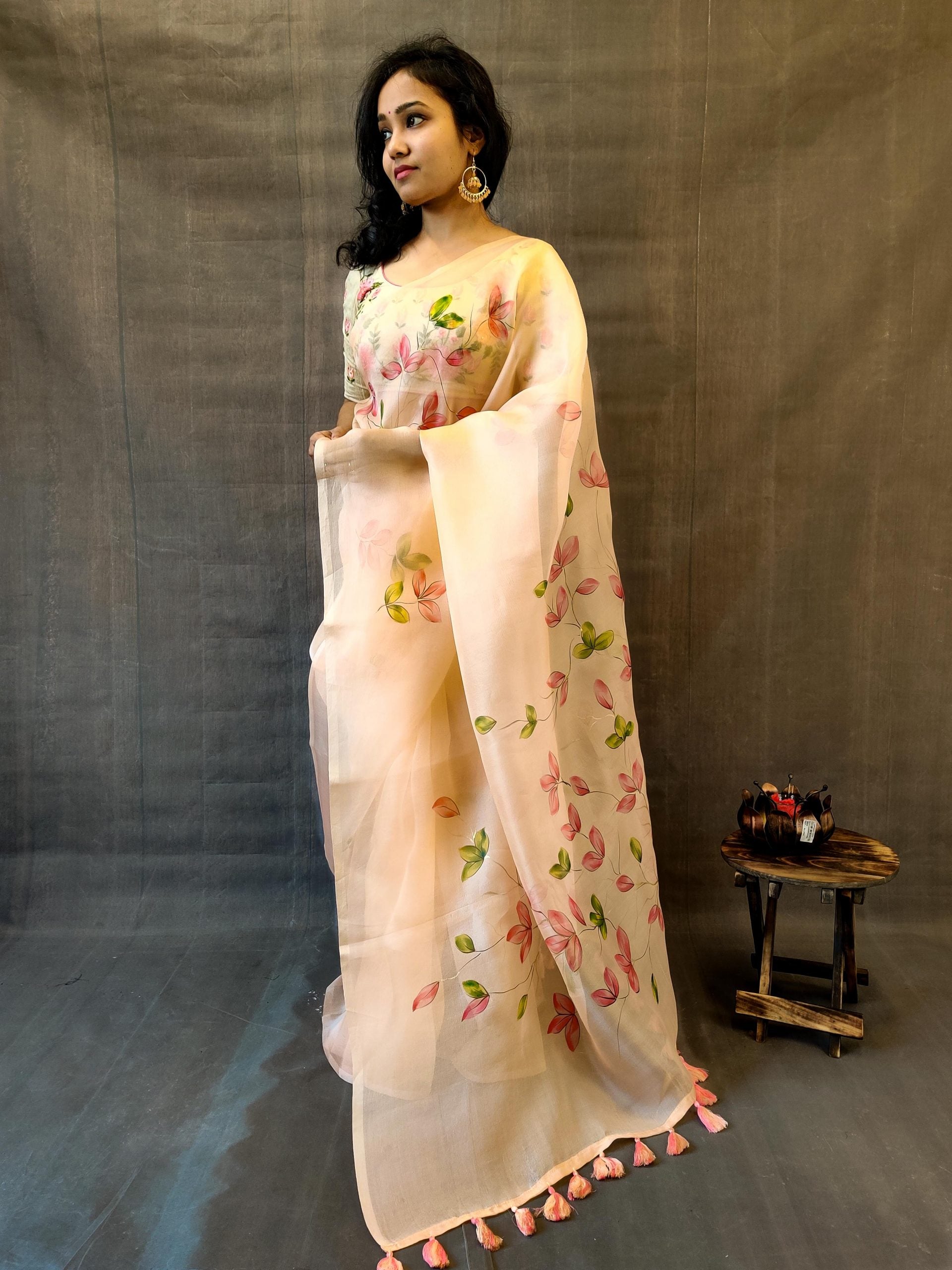 Handpainted Floral Pure Organza Saree-Peach