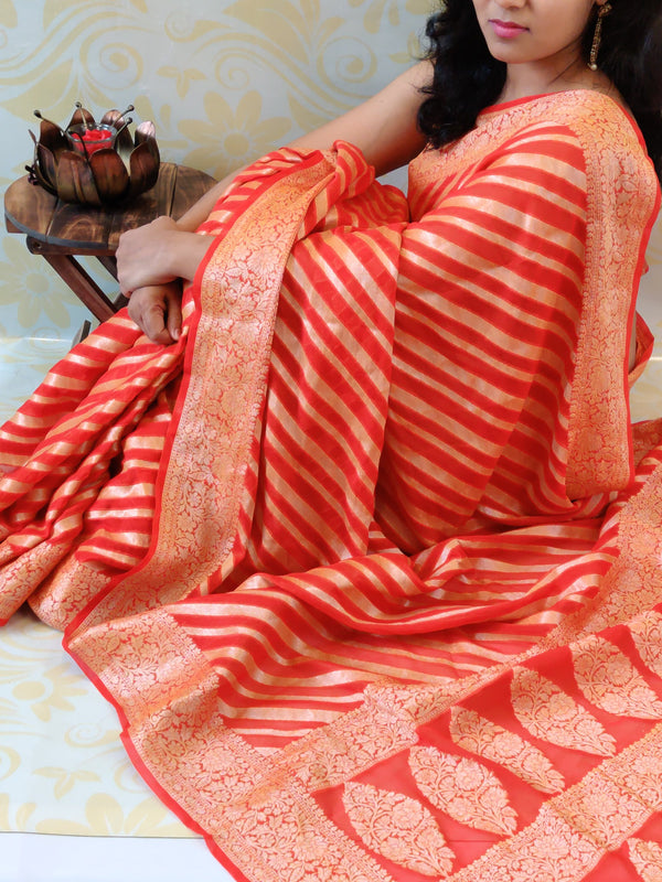 Banarasi Chiffon Saree Aada Zari Weaving-Red