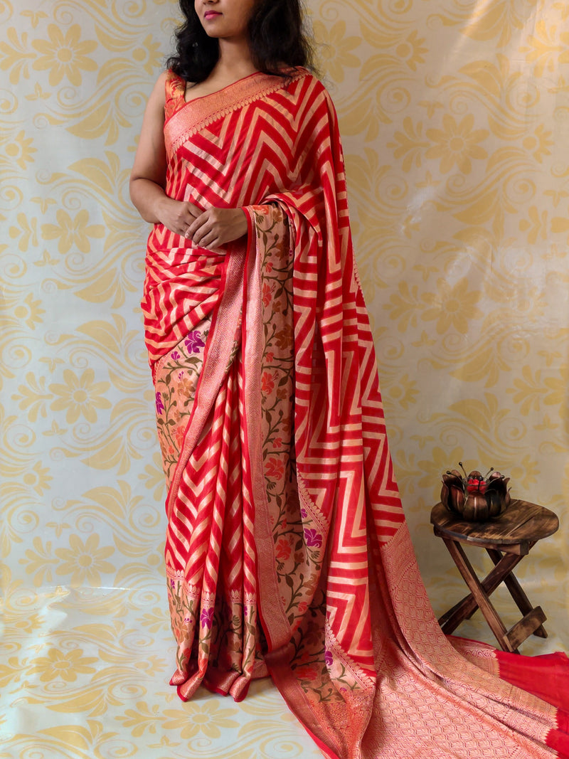 Banarasi Chiffon Saree Antique Zari & Resham Aada Weaving & Skirt Border-Red