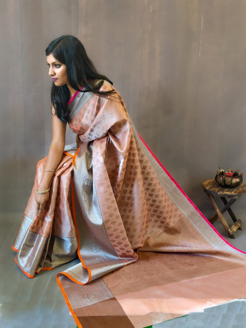 Banarasi Tissue Saree With Antique Zari Weaving Border-Pink (Copy)
