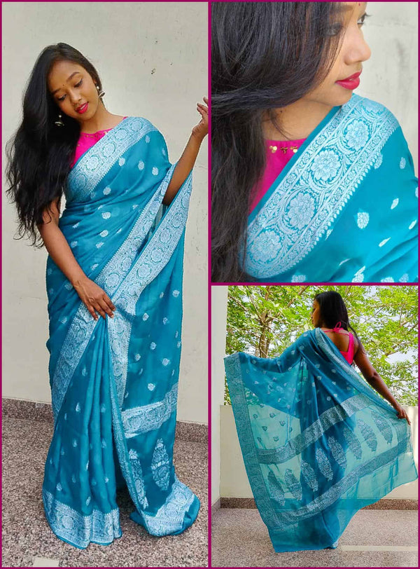 Banarasi Pure Chiffon Saree Silver Zari Weaving-Teal Blue