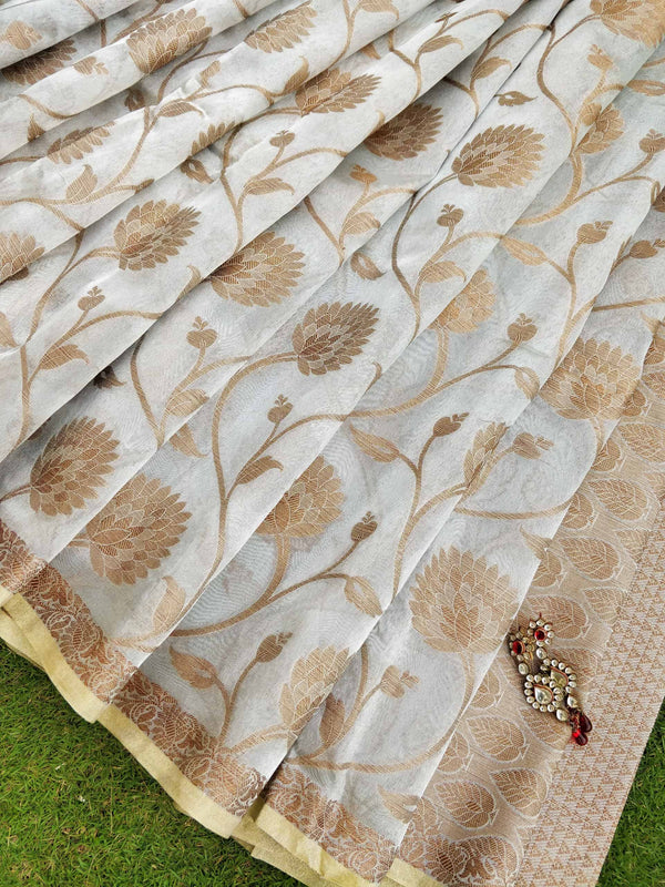 Banarasi Handloom Tissue Jaal Weaving Saree-Silver