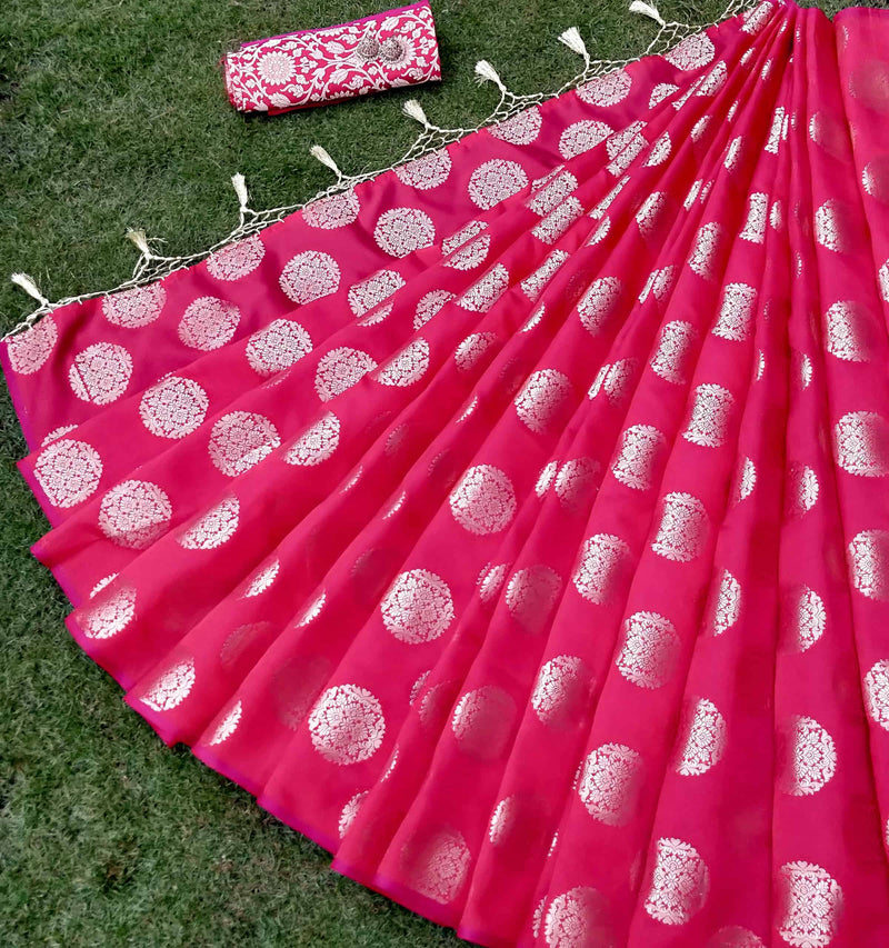 Banarasi Semi Silk Saree With Round Buta Weaving-Red