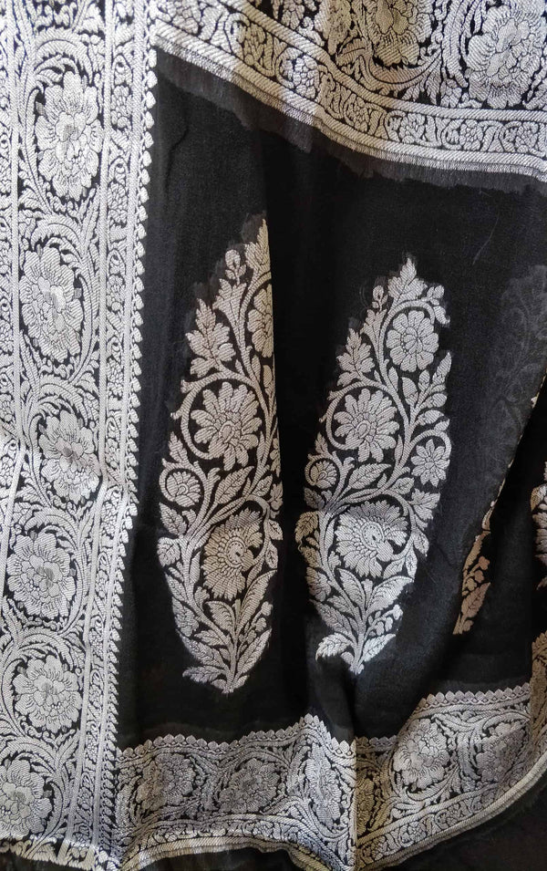 Banarasi pure chiffon Saree Silver Zari Weaving-Black