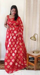 Banarasi Semi Silk Saree With Round Buta Weaving-Red