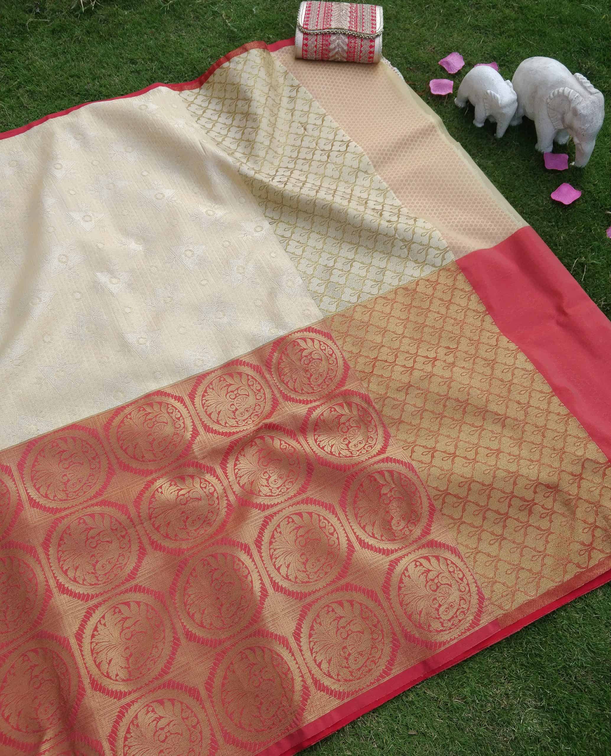 Banarasi Kora Muslin Half & Half Saree With Tanchoi Weaving -Beige & Red