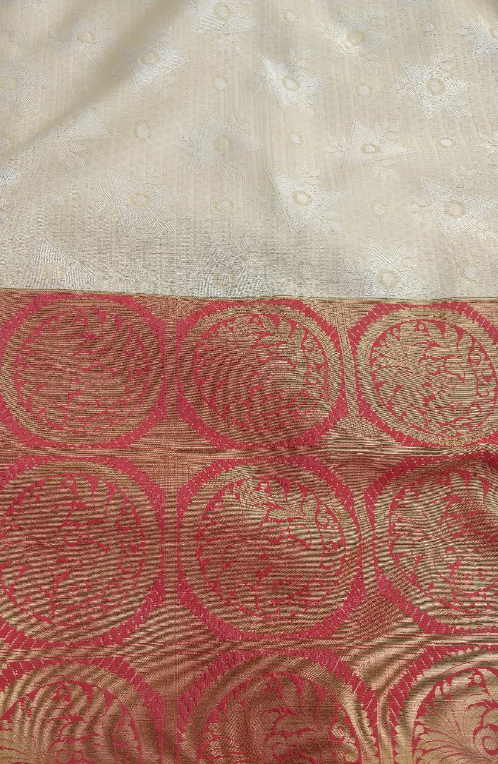 Banarasi Kora Muslin Half & Half Saree With Tanchoi Weaving -Beige & Red