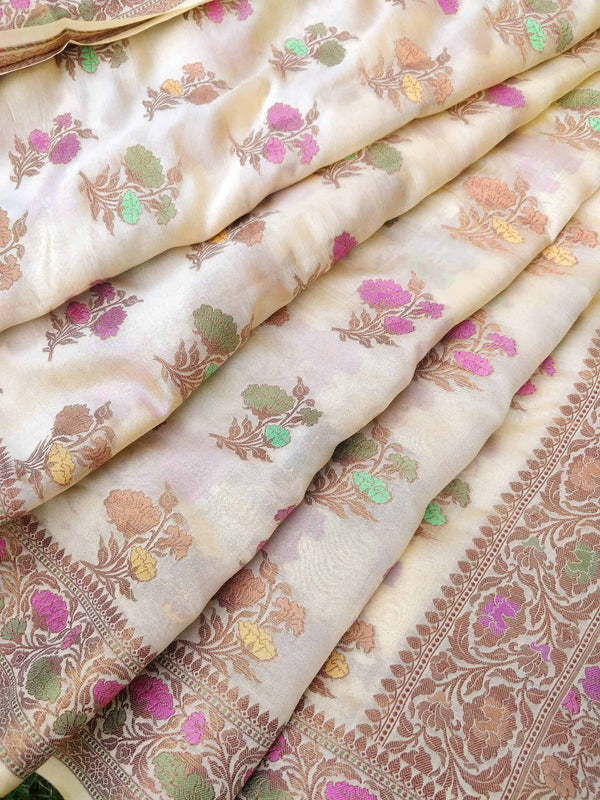 Banarasi Handwoven Pure Dupion Silk Saree With Meena & Antique Zari Weaving-Pastel Yellow