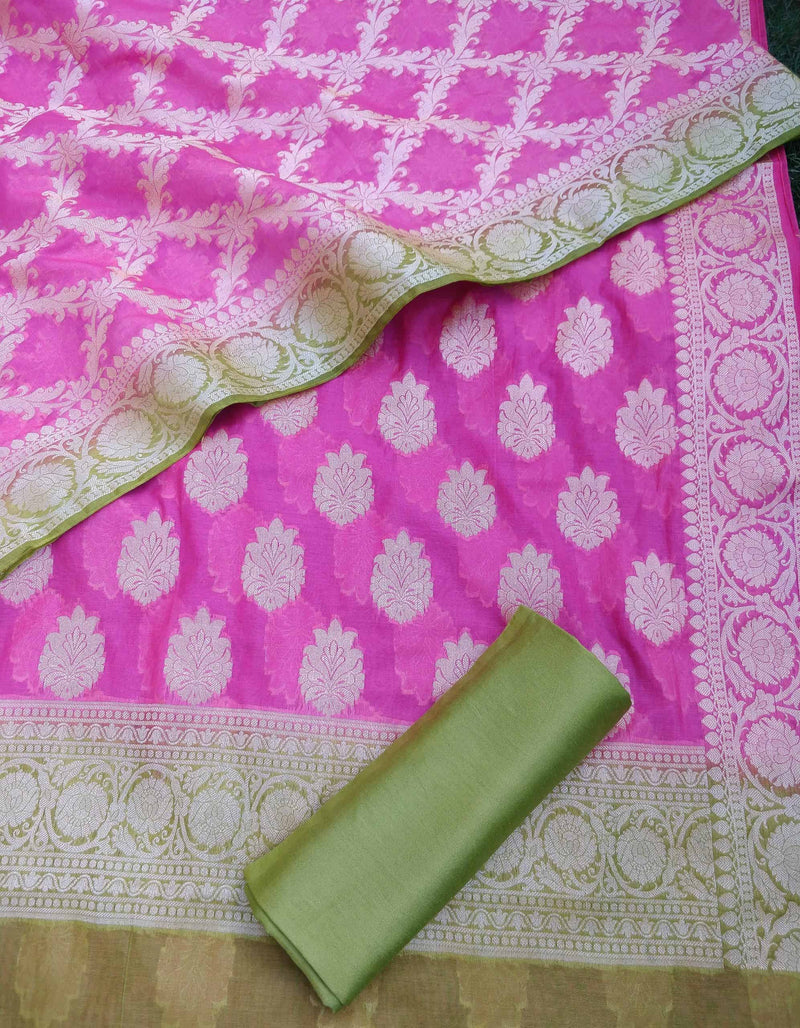 Banarasi Cotton Silk Zari Salwar Kameez Dupatta Set-Pink & Green