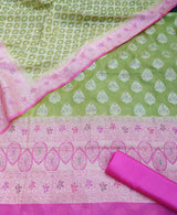 Banarasi Cotton Silk Zari Salwar Kameez Dupatta Set-Green & Pink