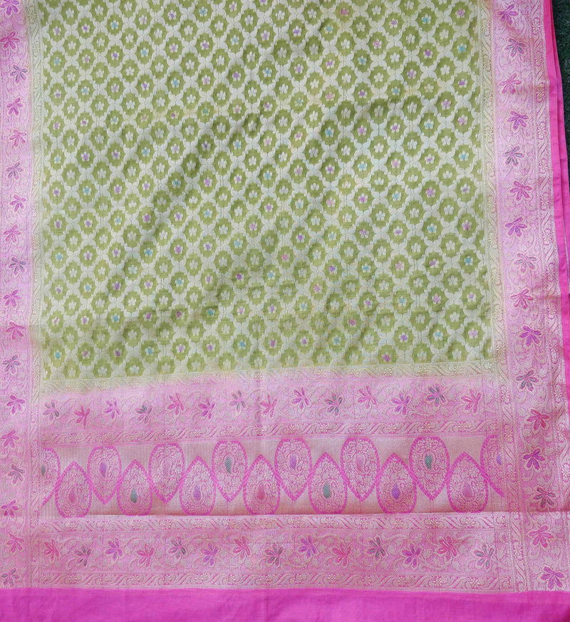 Banarasi Cotton Silk Zari Salwar Kameez Dupatta Set-Green & Pink
