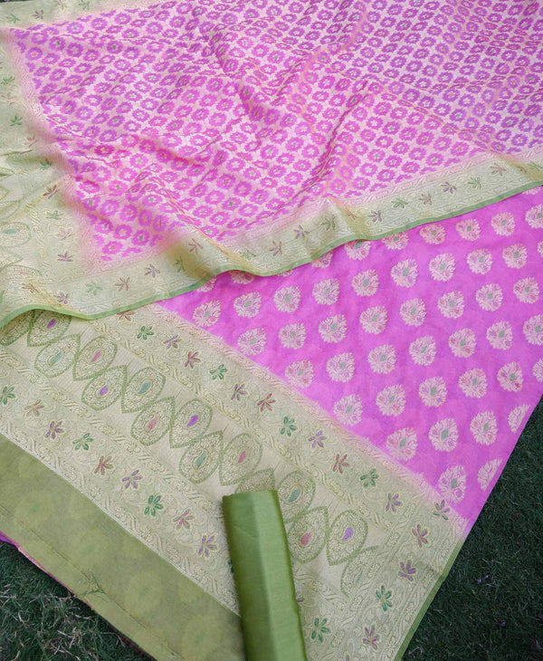 Banarasi Cotton Silk Zari Salwar Kameez With Small Jaal Dupatta Set-Pink & Green
