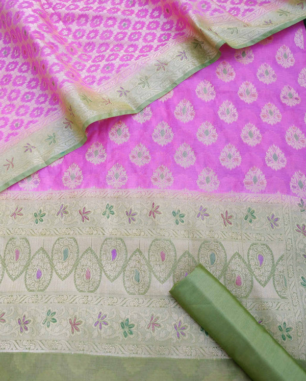 Banarasi Cotton Silk Zari Salwar Kameez With Small Jaal Dupatta Set-Pink & Green