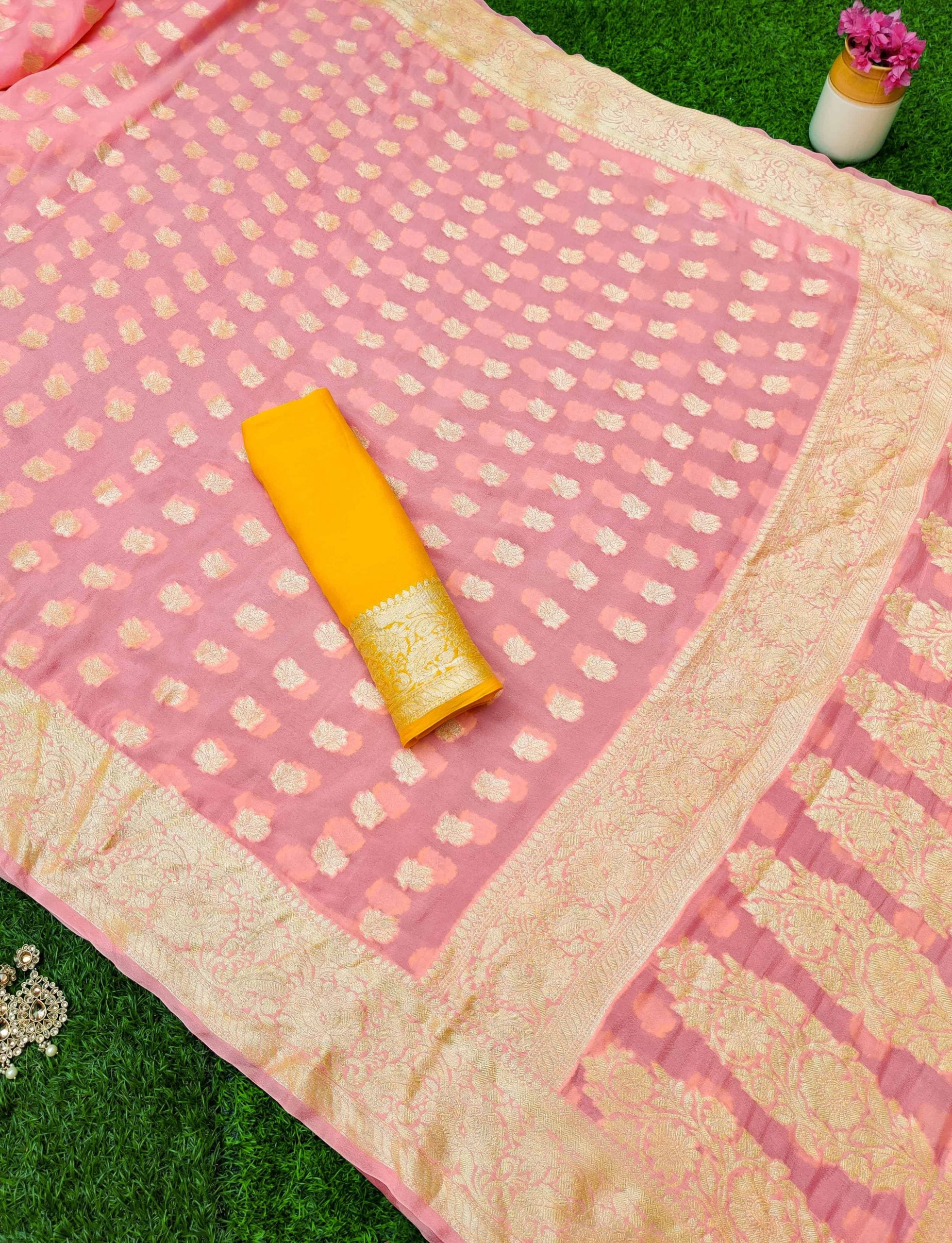 Banarasi Chiffon Saree Gold Zari Weaving-Peach