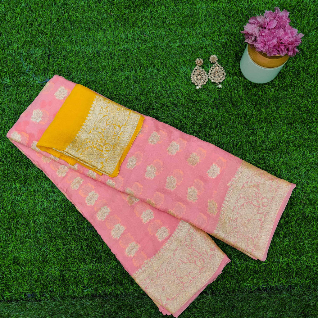 Banarasi Chiffon Saree Gold Zari Weaving-Peach