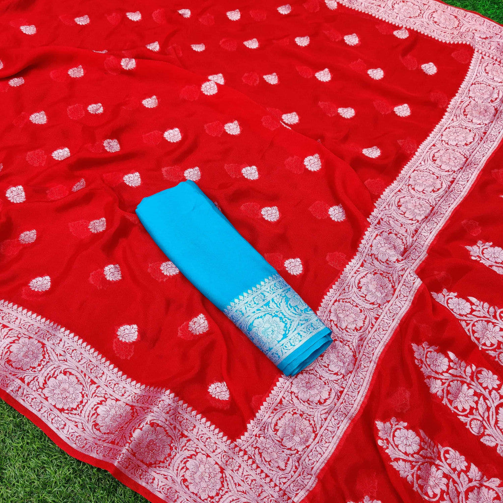 Banarasi Chiffon Saree Silver Zari Weaving-Red