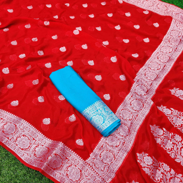 Banarasi Chiffon Saree Silver Zari Weaving-Red
