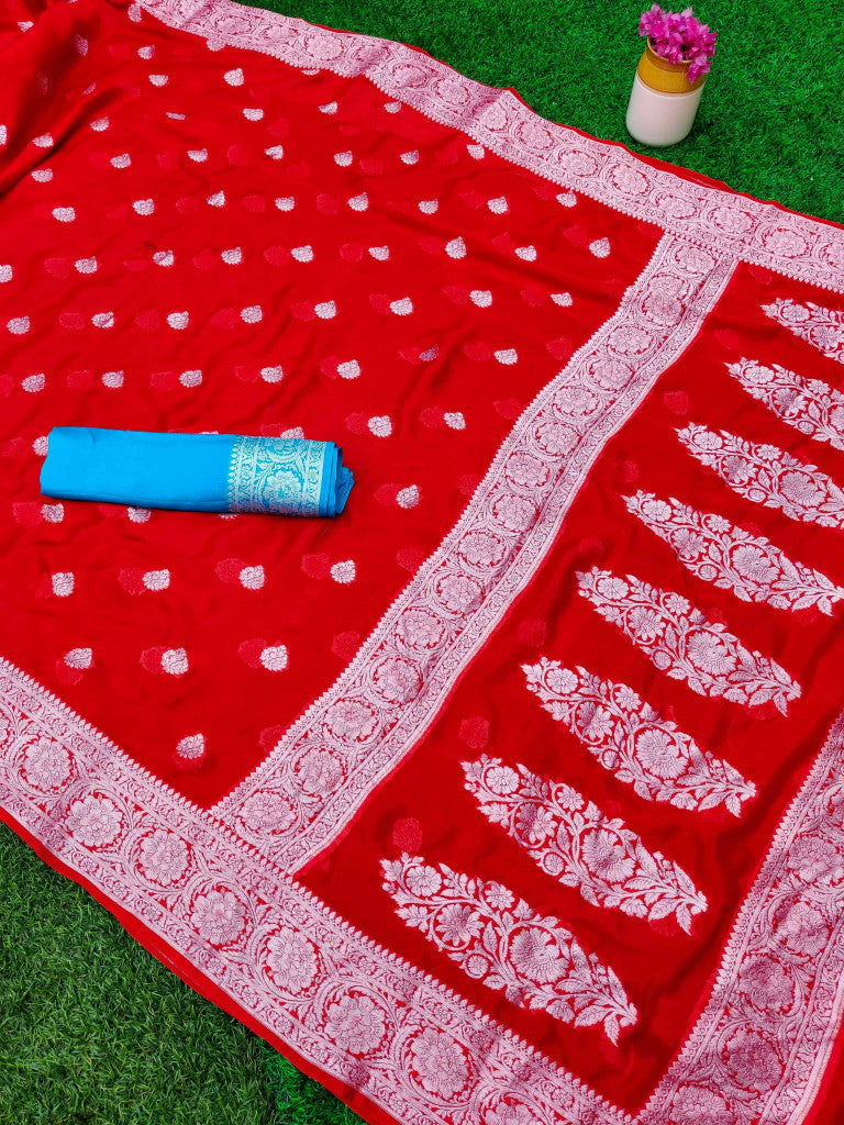 Banarasi Chiffon Saree Silver Zari Weaving-Red