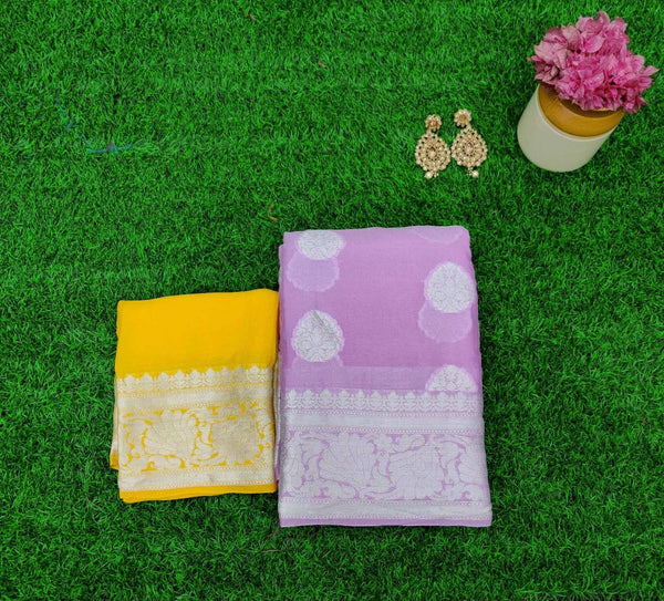 Banarasi Chiffon Saree Silver Zari Weaving-Lilac & Yellow